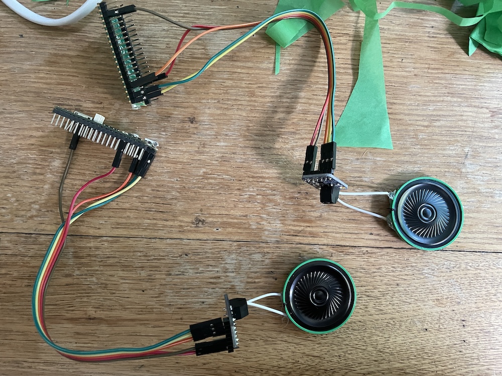 2 picso attached to I2S amps via jumper wire and thence to small flat speakers