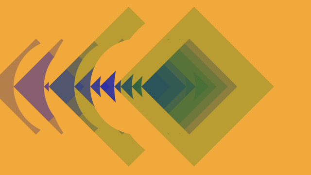 Squares and triangles of different sizes in green and purple are overlaid in a line n an orange background