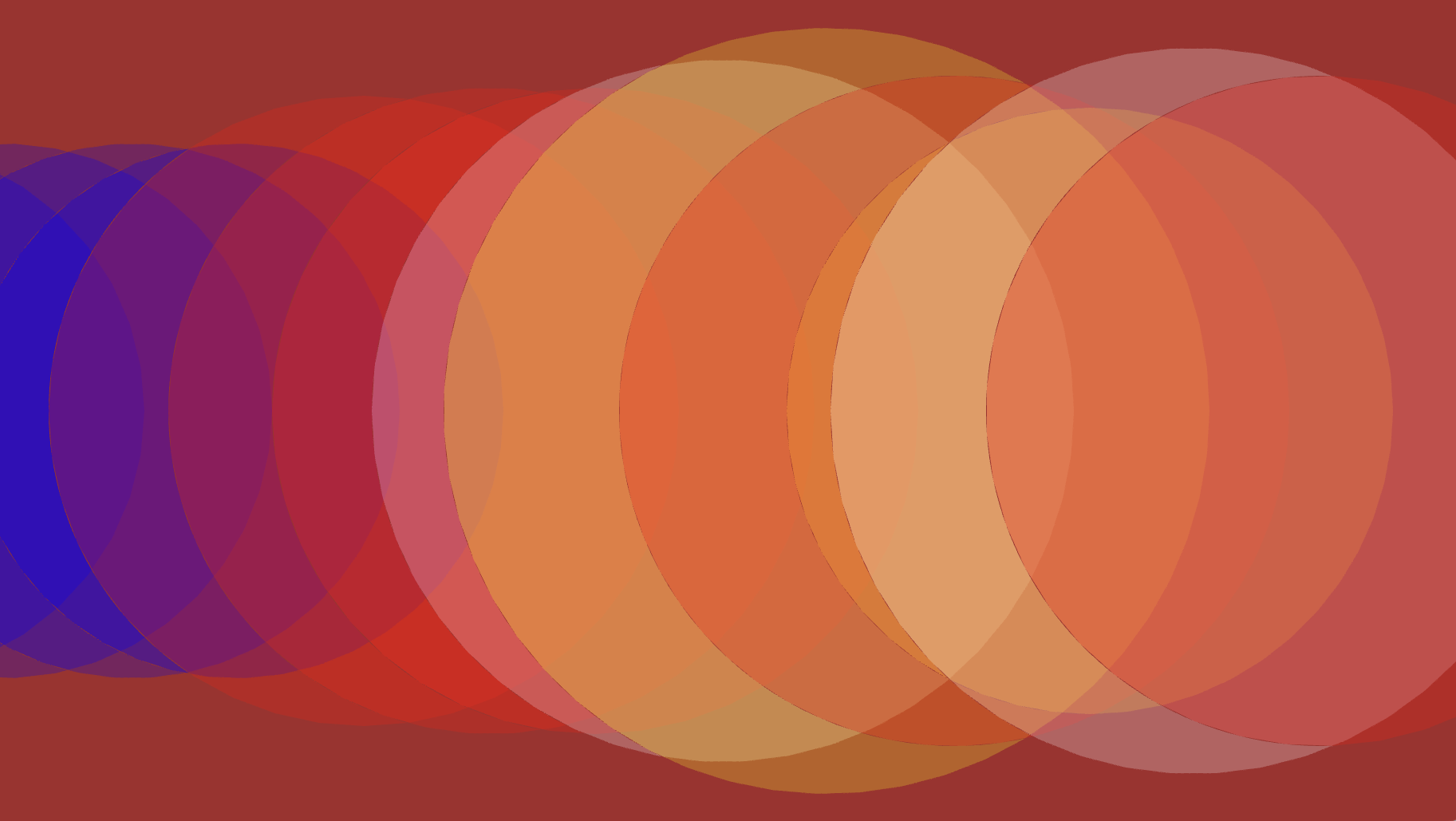 A load of more or less circular blobs against a red-brown background. They get bigger over to the right. The colours are a mixture of pinks, blues and reds and they overlap pleasingly.